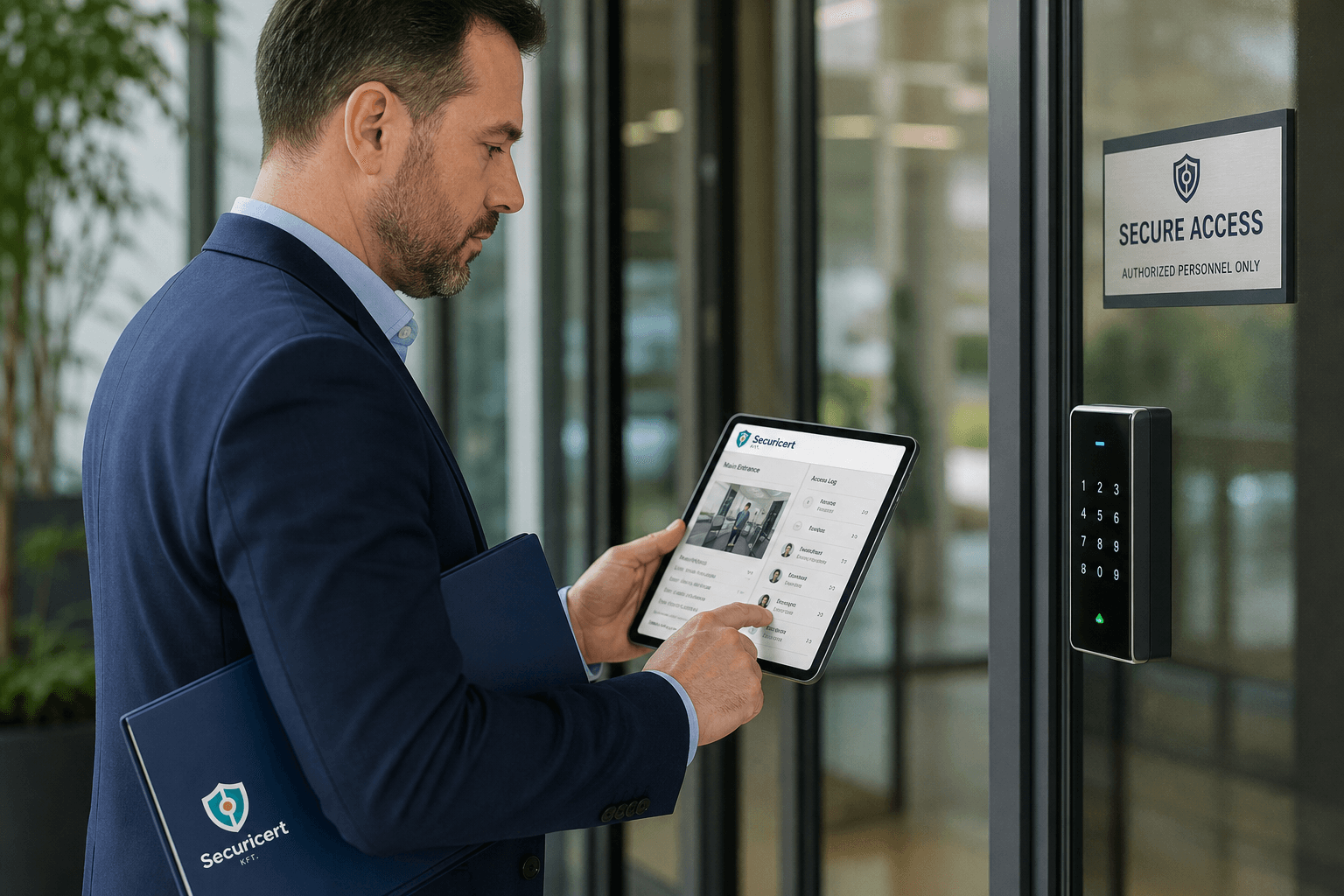 Securicert szakértő beléptető rendszert auditál — Securicert feliratú tablet és mappa