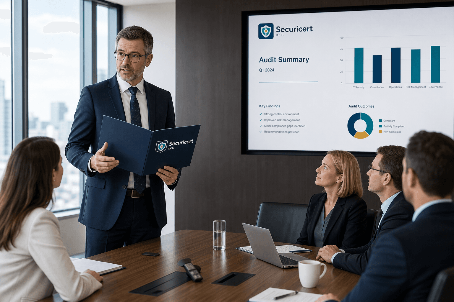Securicert auditor minősítési értekezleten — Securicert feliratú mappa és prezentáció