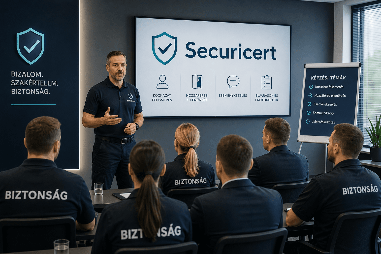 Securicert magánbiztonsági oktatás és tréning — Securicert felirat és pajzs logó a prezentációs képernyőn