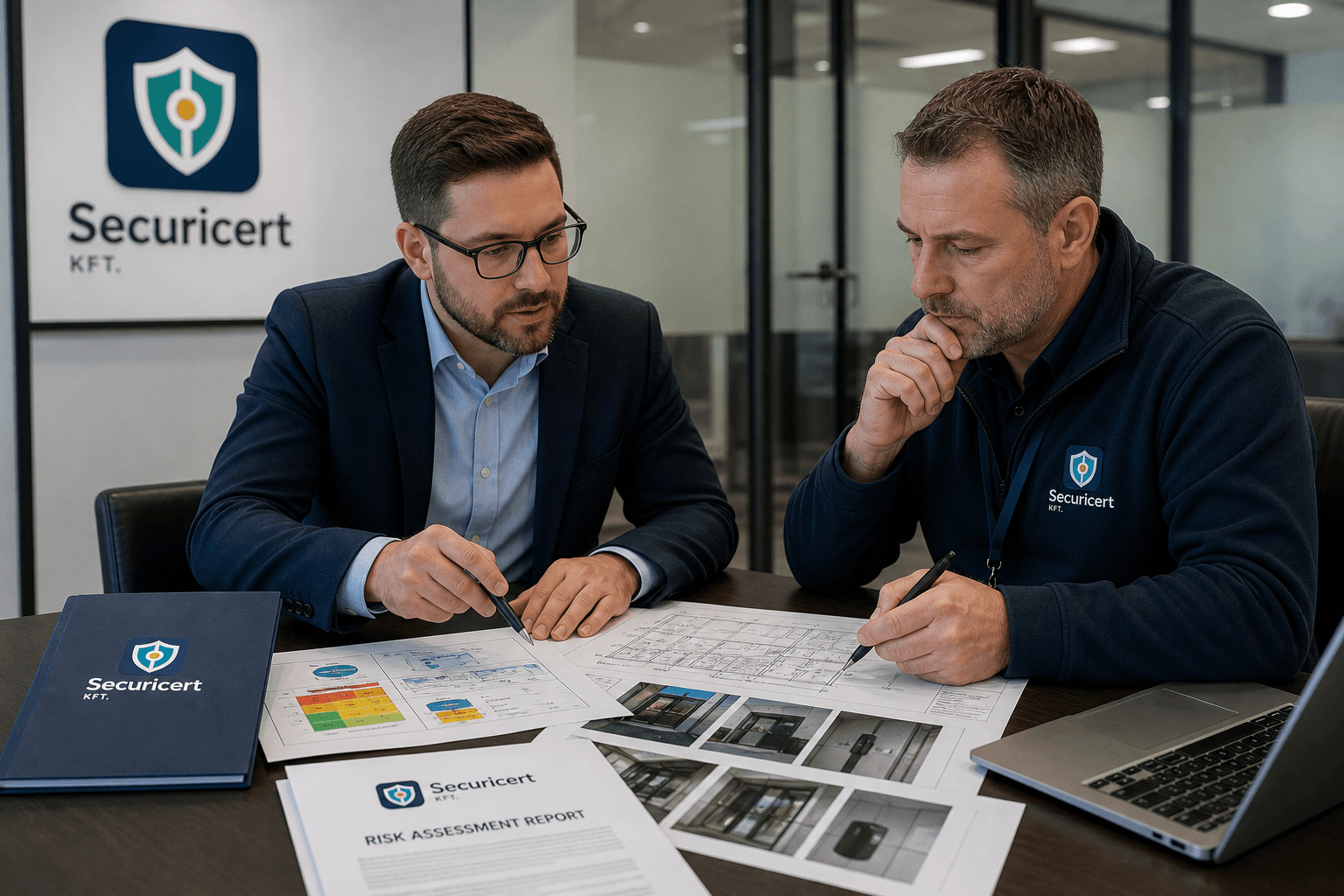 Securicert szakértők kockázatértékelésen — Securicert logó a dokumentumokon és rajzokon