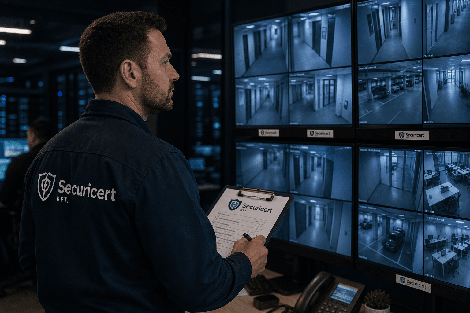 Securicert auditor biztonságtechnikai rendszert ellenőriz — Securicert felirat a monitorfalon