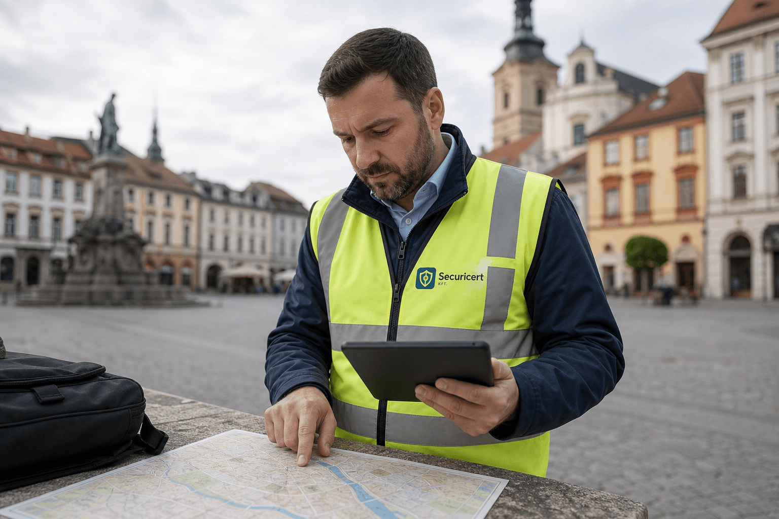 Securicert szakértő településbiztonsági auditot tart — Securicert felirat a mellényen