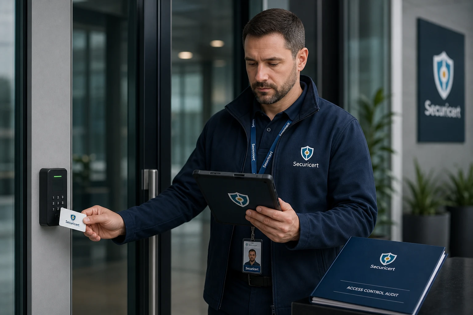 Securicert szakértő beléptető rendszert auditál — Securicert feliratú tablet és mappa
