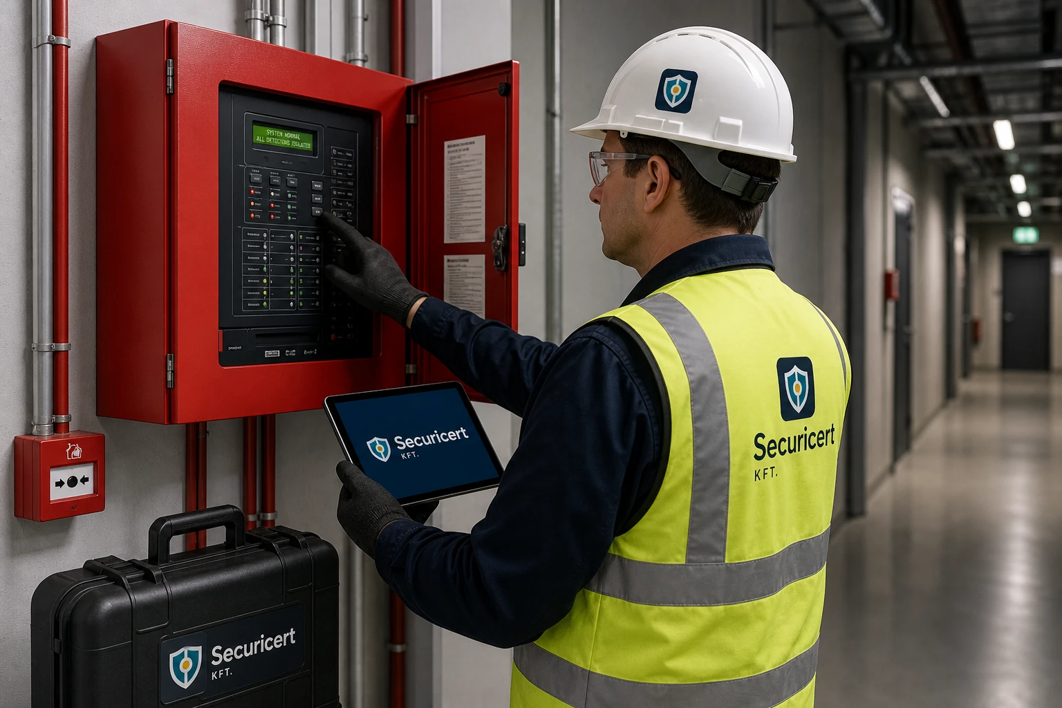 Securicert mérnök tűzjelző rendszer üzembe helyezést végez — Securicert logó a sisakon