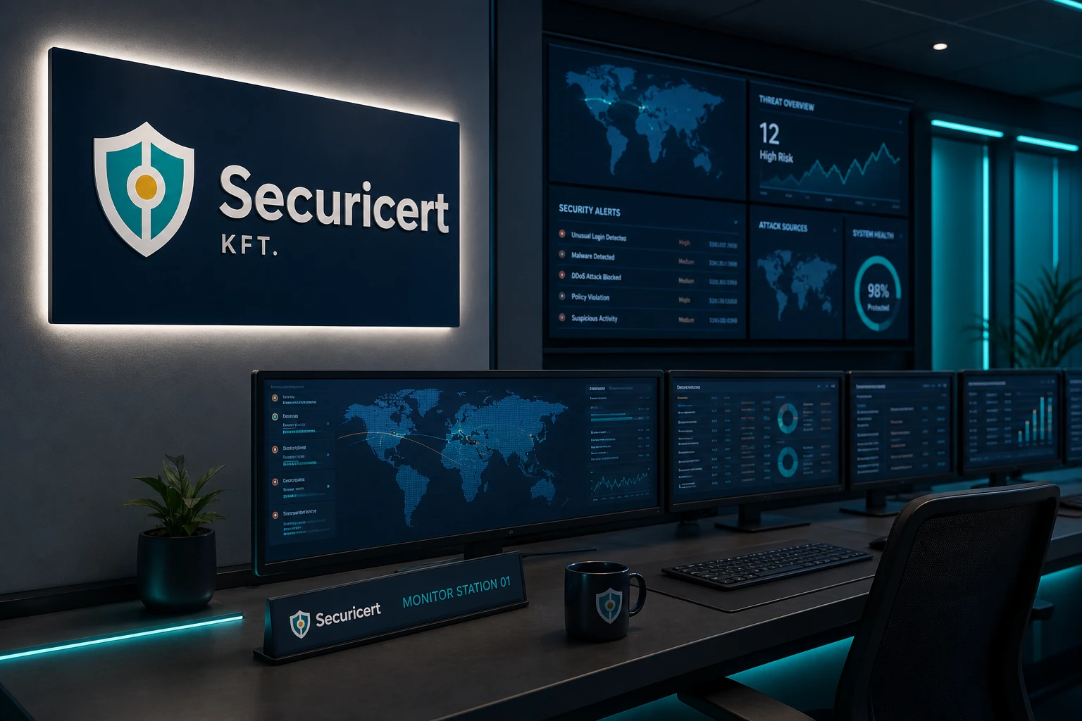 Securicert biztonságtechnikai megfigyelőközpont — monitorfalon Securicert logó és felirat, magánbiztonsági szakértői tevékenység