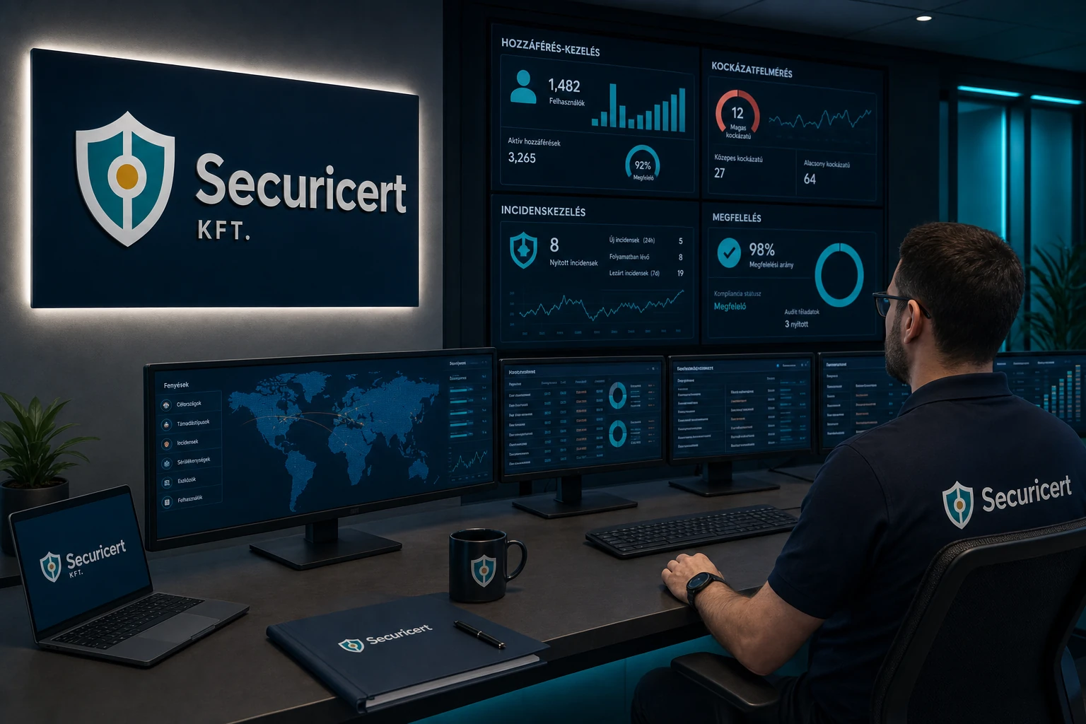Securicert informatikai biztonsági tanácsadást tart — Securicert felirat és logó a monitorfalon
