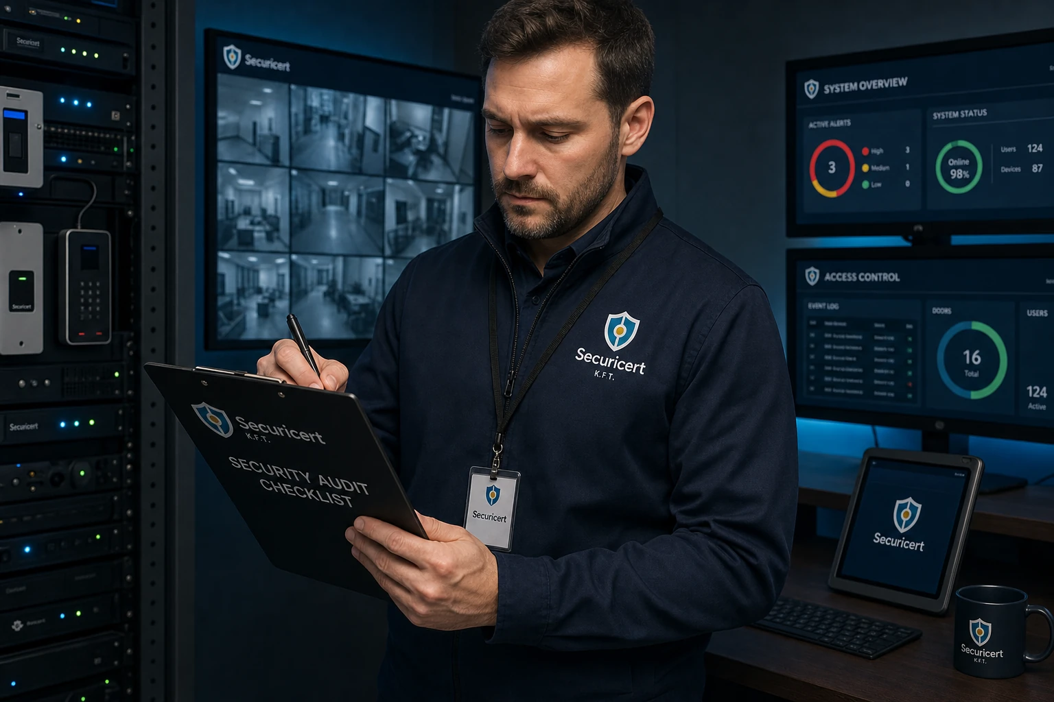 Securicert auditor biztonságtechnikai rendszert ellenőriz — Securicert felirat a monitorfalon