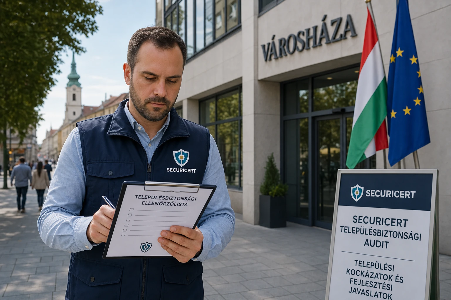 Securicert szakértő településbiztonsági auditot tart — Securicert felirat a mellényen