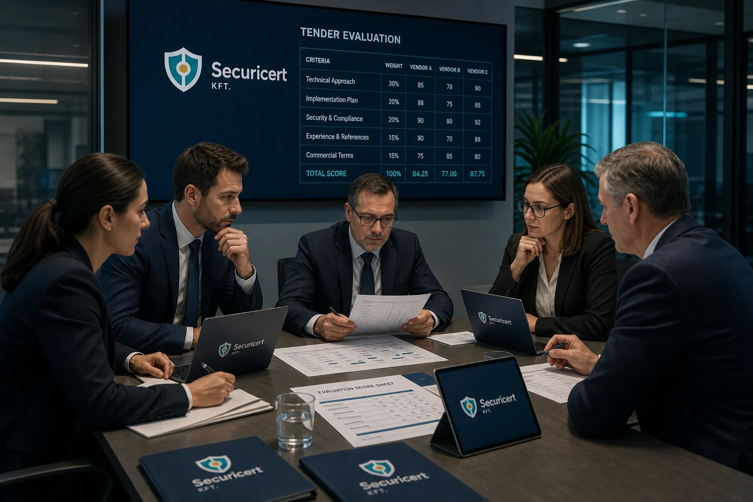 Securicert szakértők pályázati ajánlatokat értékelnek — Securicert logó a mappán és pontozási lapokon