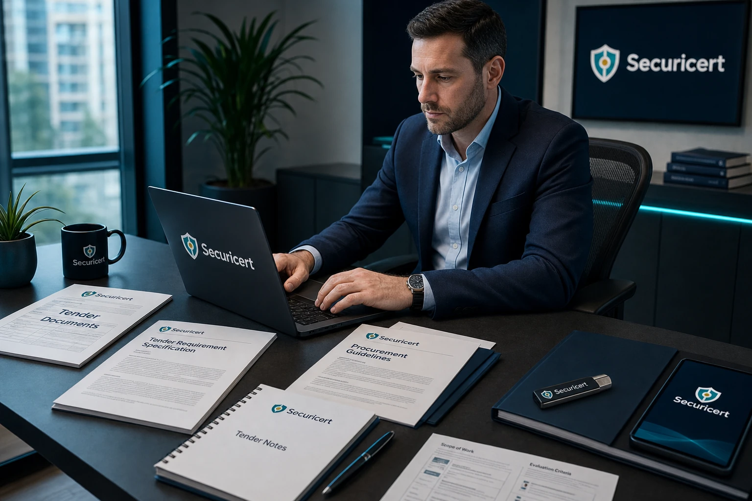 Securicert szakértő pályázati követelményeket dolgoz ki — Securicert logó a laptopon és dokumentumokon